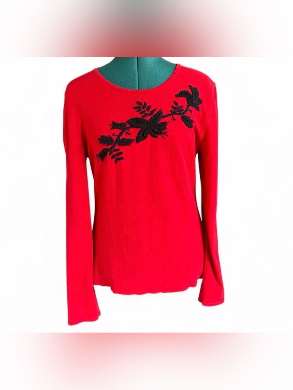 Massimo Red Long Sleeve Top with Black Floral Applique